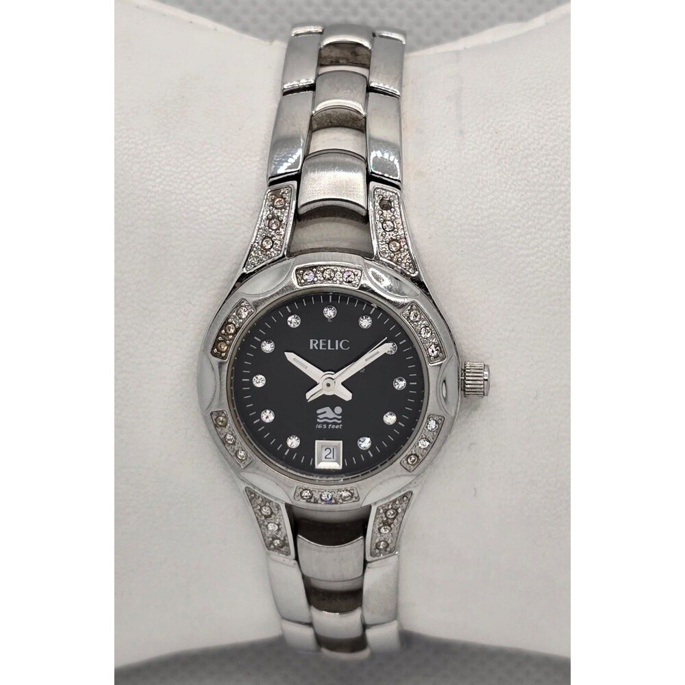 Women's Relic Wet Round Gemmed Black Dial Silver Tone Bracelet Band Watch 04